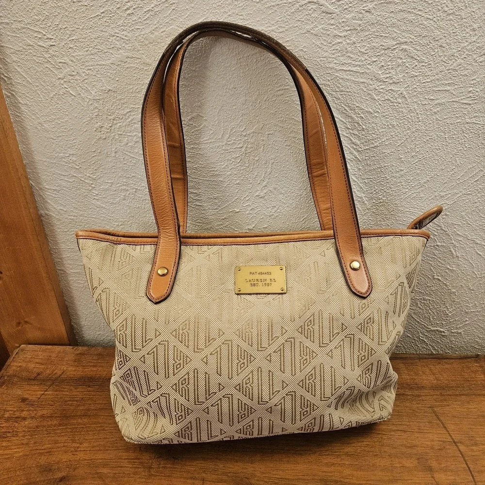 Vintage‎ Lauren Ralph Lauren Tan Signature Jacquard Leather Shopper Tote Bag